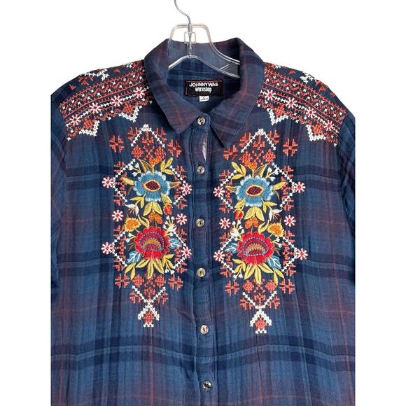 Johnny Was Workshop Navy Plaid Embroidered Floral Painter’s Smock Tunic Top Sz L - Picture 4 of 16